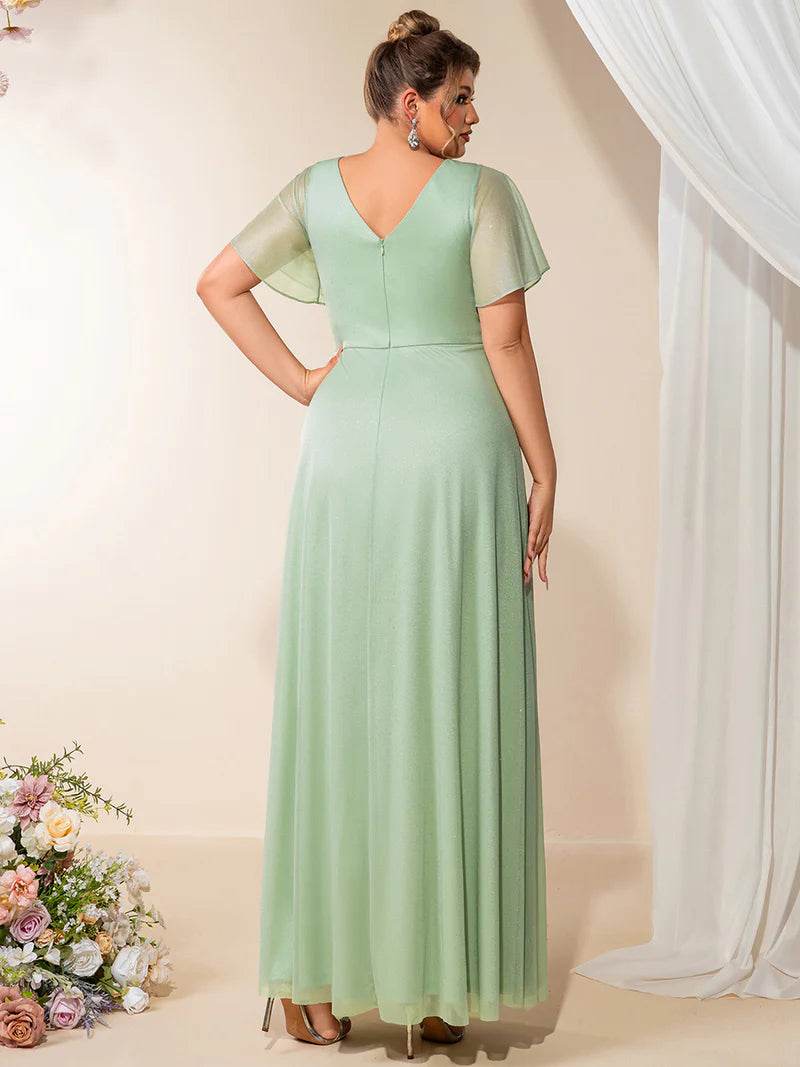 Plus Size Mint Green Evening Dress with Ruffle V-Neck and A-Line Skirt - Biamonde