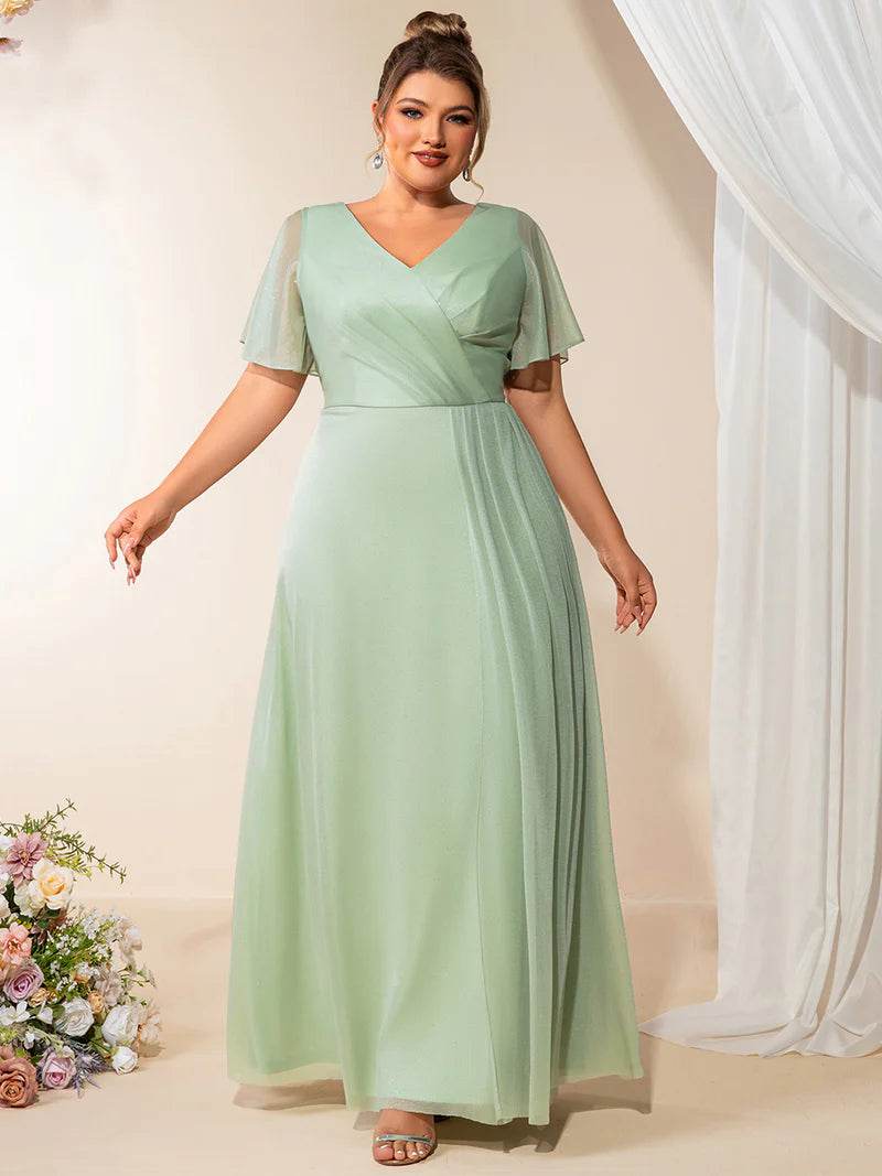 Plus Size Mint Green Evening Dress with Ruffle V-Neck and A-Line Skirt - Biamonde
