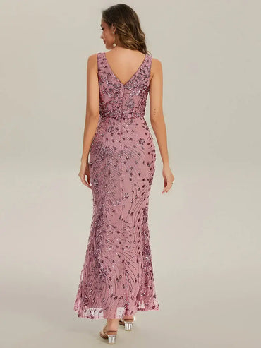 Purple Orchid Strapless deep V-neck fishtail maxi evening dress with high-stretch fabric for comfort