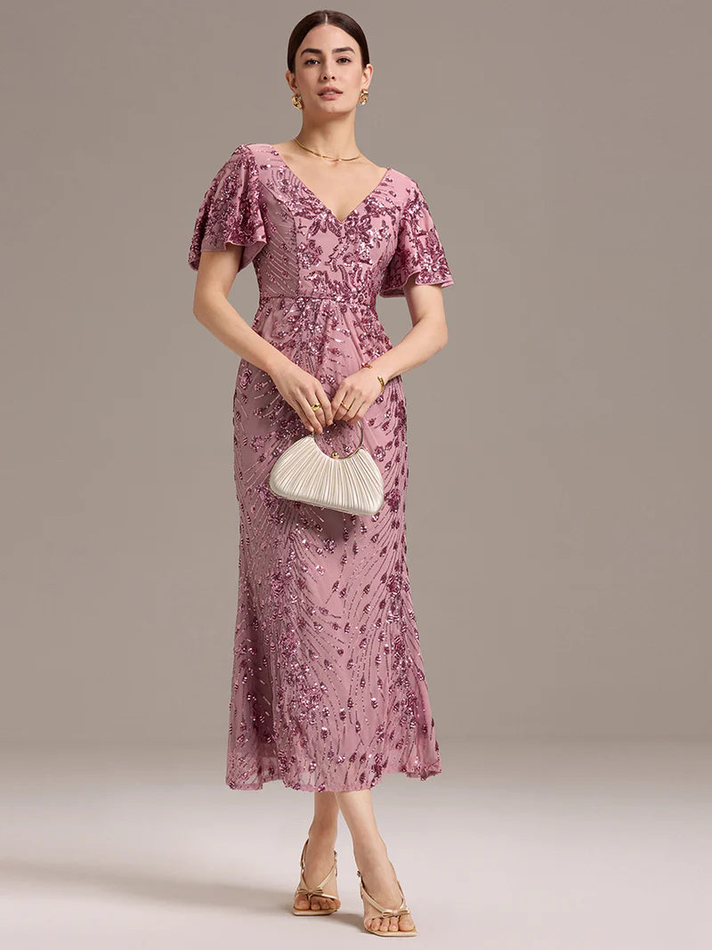 Purple orchid strapless sequin midi dress with deep V-neck and fishtail silhouette