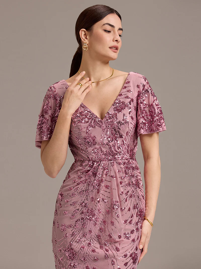 Purple orchid strapless sequin midi dress with deep V-neck and fishtail silhouette
