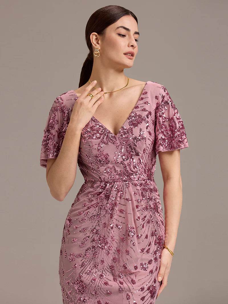 Strapless Sequin Midi Dress with Deep V-Neck and Fishtail Hem - Biamonde