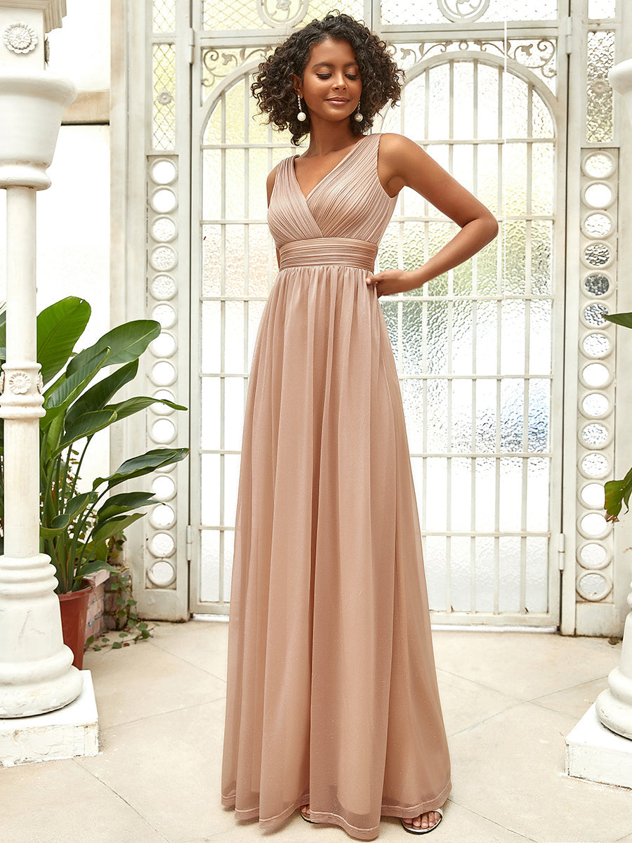 Sparkly Floor Length Double V Neck Evening Dress for Parties & Special Occasions