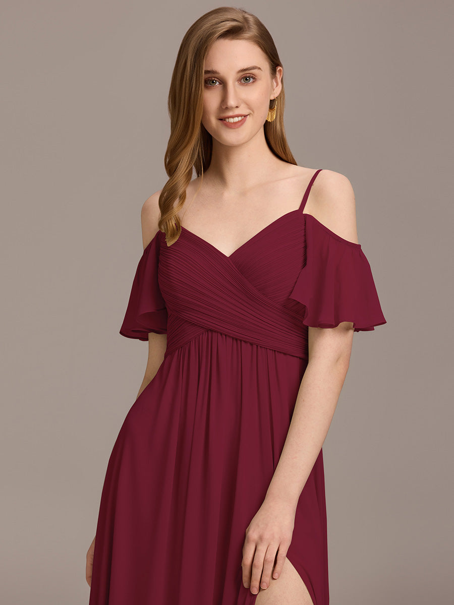Off Shoulder Short Sleeve Pleated A-Line Bridesmaid Dress with Side Split – Floor Length