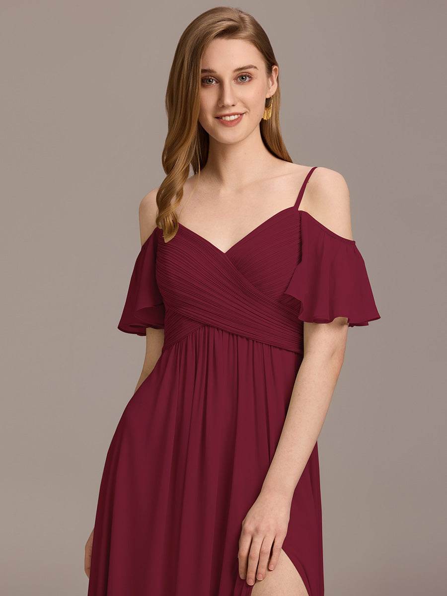 Off Shoulder Short Sleeve Pleated A-Line Bridesmaid Dress with Side Split – Floor Length - Biamonde