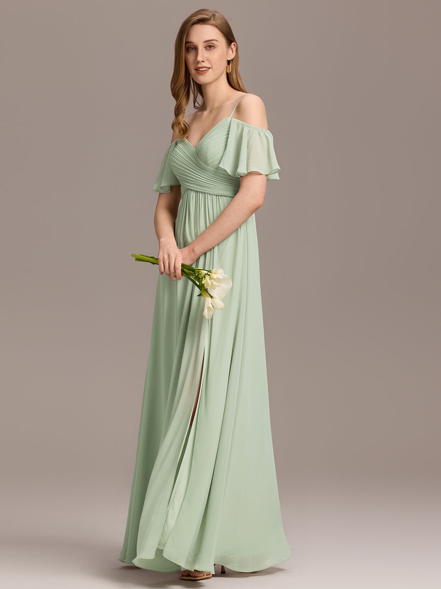 Off Shoulder Short Sleeve Pleated A-Line Bridesmaid Dress with Side Split – Floor Length