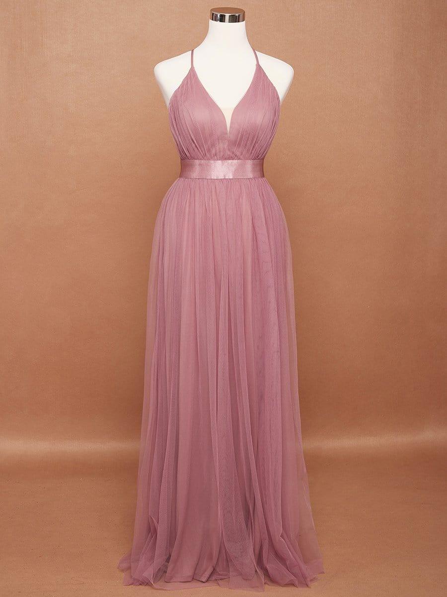 Sexy Deep V-neck Backless Tulle Maxi Evening Orchid Dress