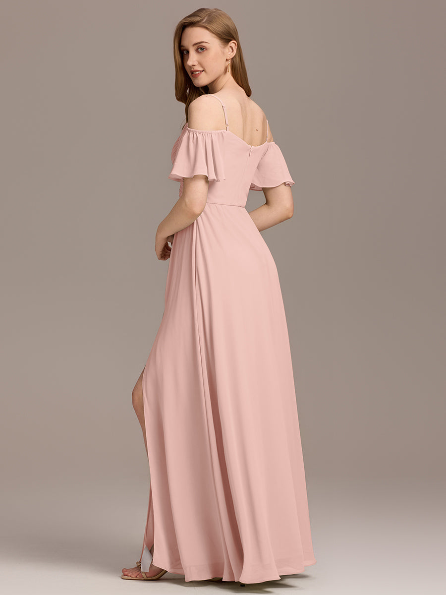 Off Shoulder Short Sleeve Pleated A-Line Bridesmaid Dress with Side Split – Floor Length