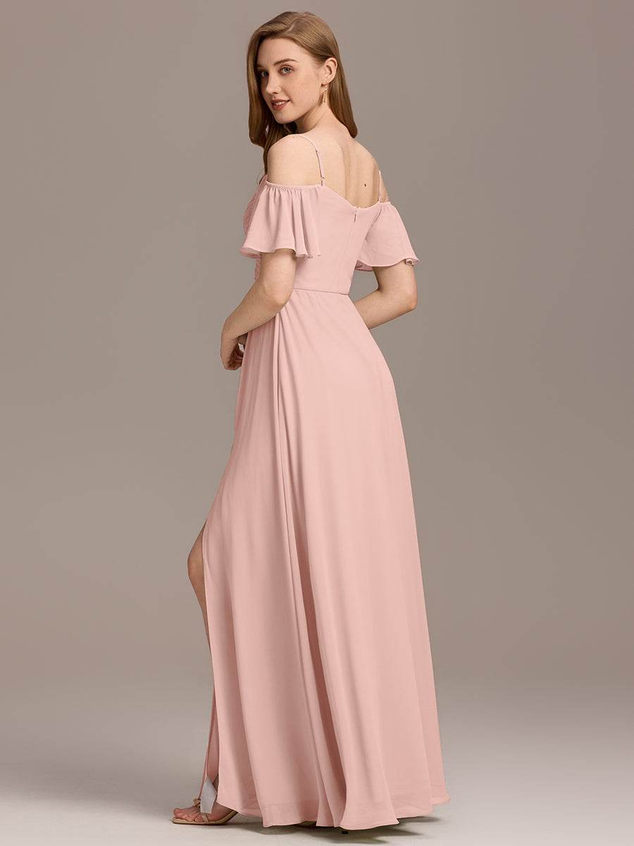 Off Shoulder Short Sleeve Pleated A-Line Bridesmaid Dress with Side Split – Floor Length - Biamonde