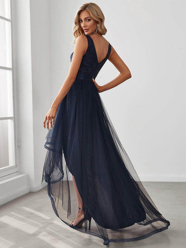 Fashion High-Low Deep V Neck Tulle Navy Blue Prom Dresses - Biamonde