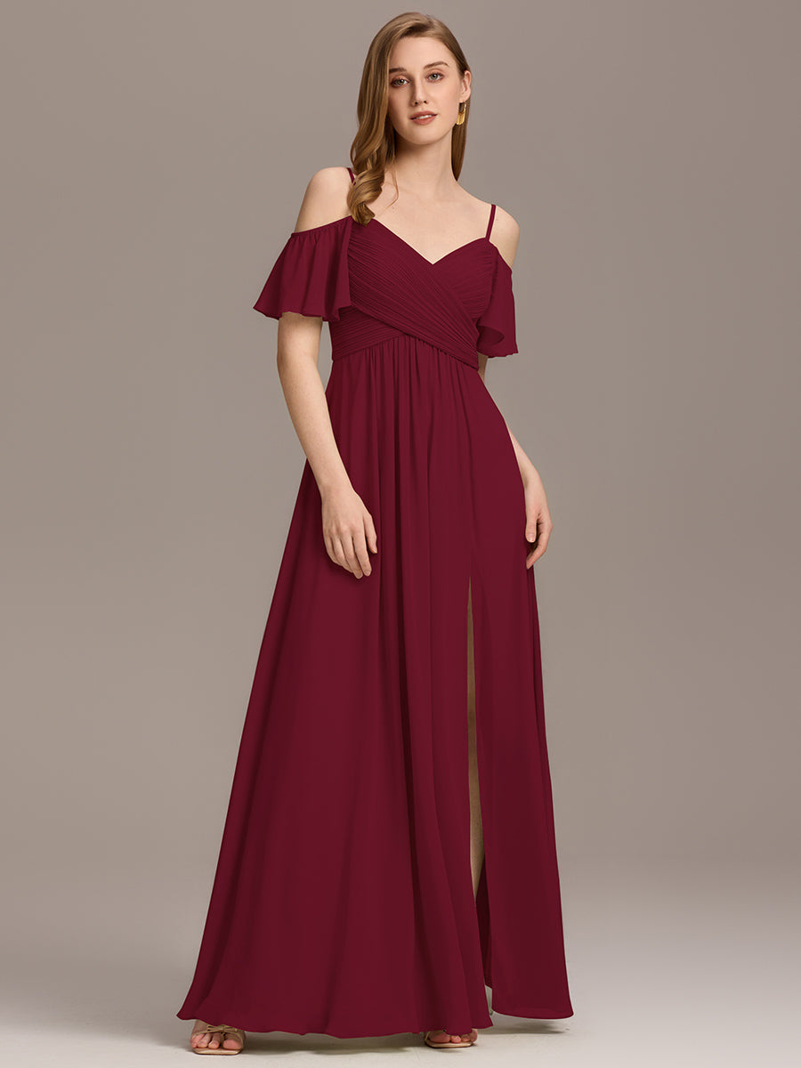 Off Shoulder Short Sleeve Pleated A-Line Bridesmaid Dress with Side Split – Floor Length