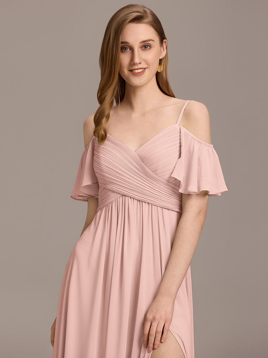 Off Shoulder Short Sleeve Pleated A-Line Bridesmaid Dress with Side Split – Floor Length