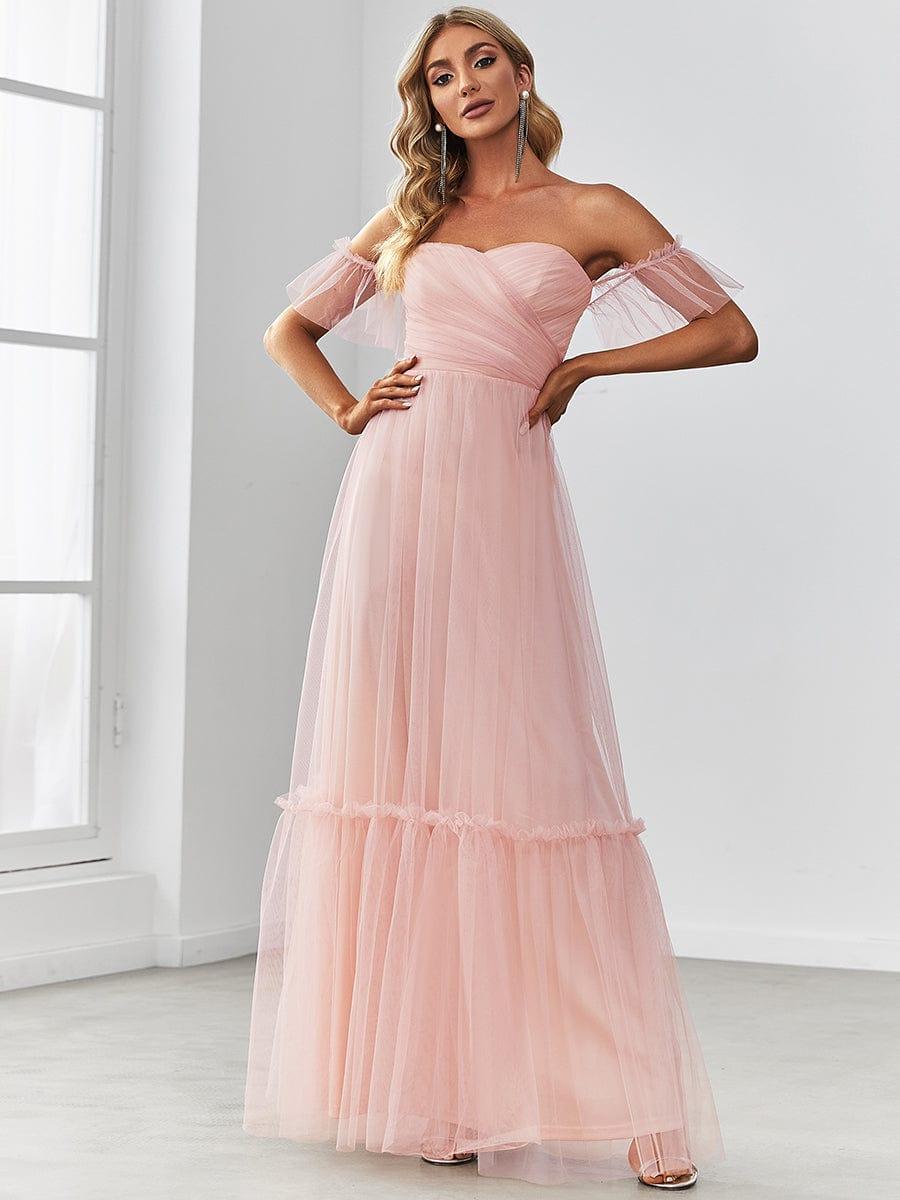 Off the Shoulder Sweetheart Pleated Tulle Dress In Pink