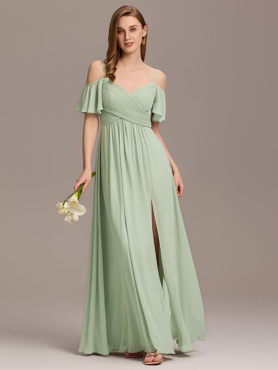 Off Shoulder Short Sleeve Pleated A-Line Bridesmaid Dress with Side Split – Floor Length