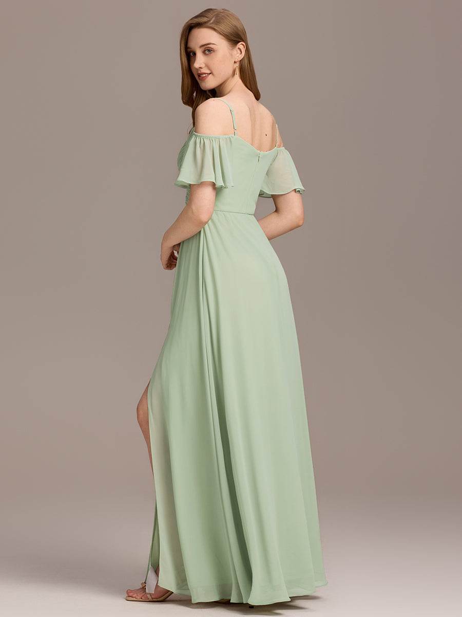 Off Shoulder Short Sleeve Pleated A-Line Bridesmaid Dress with Side Split – Floor Length - Biamonde