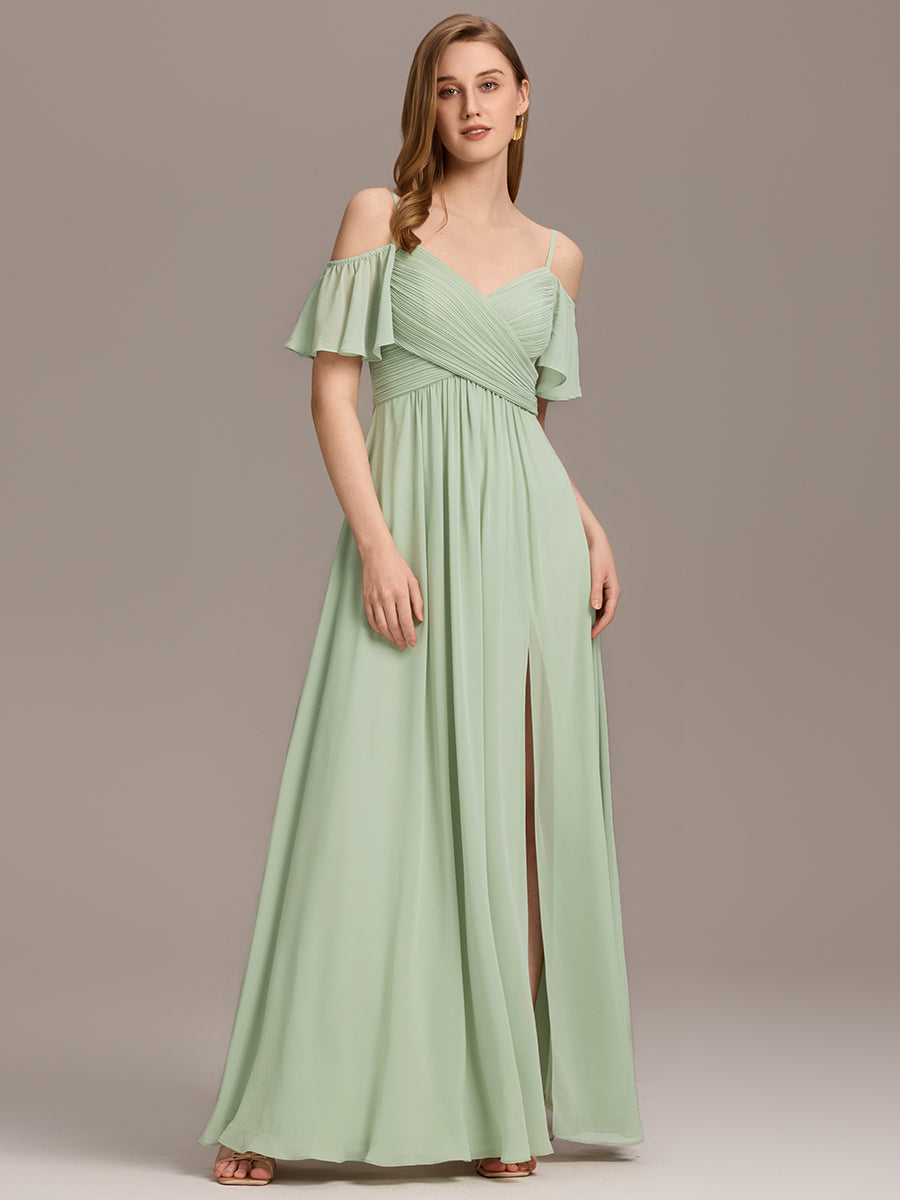 Off Shoulder Short Sleeve Pleated A-Line Bridesmaid Dress with Side Split – Floor Length