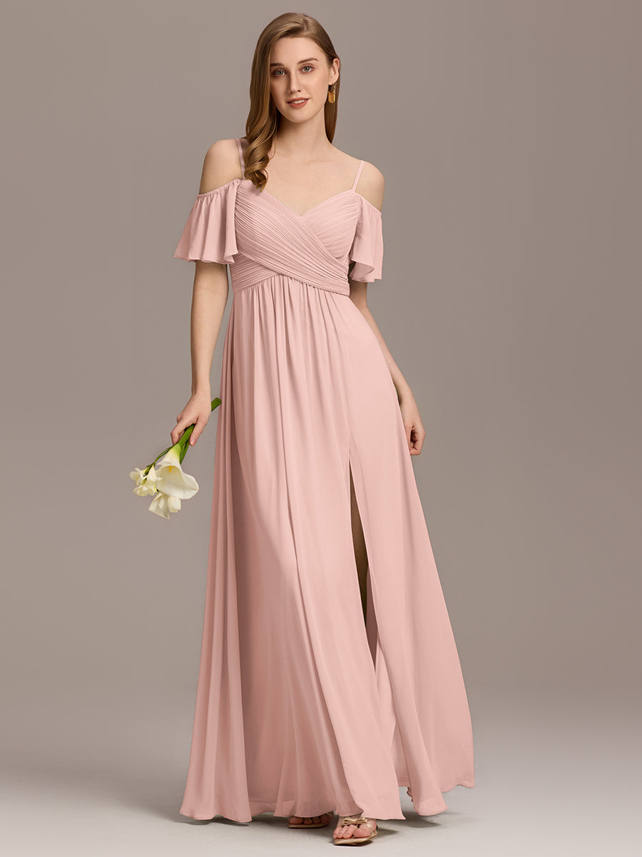 Off Shoulder Short Sleeve Pleated A-Line Bridesmaid Dress with Side Split – Floor Length