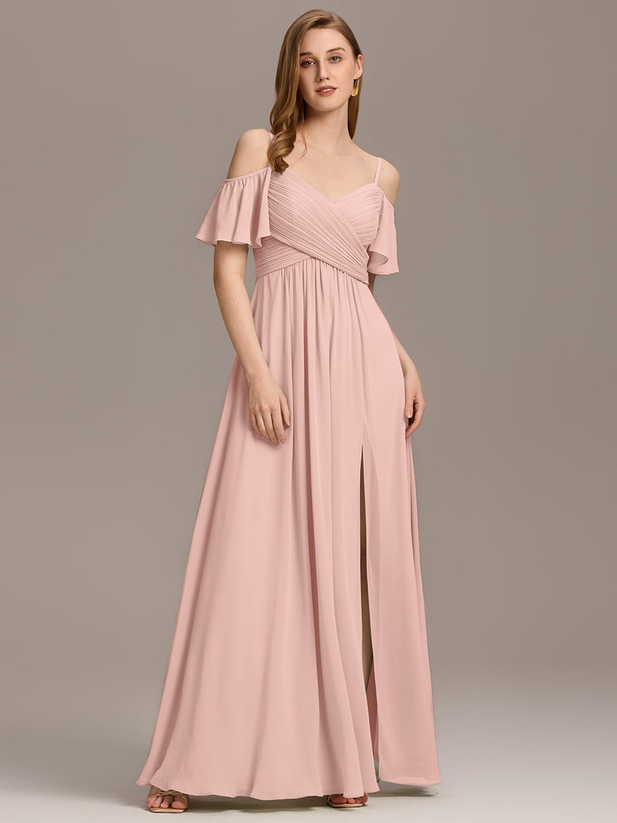 Off Shoulder Short Sleeve Pleated A-Line Bridesmaid Dress with Side Split – Floor Length