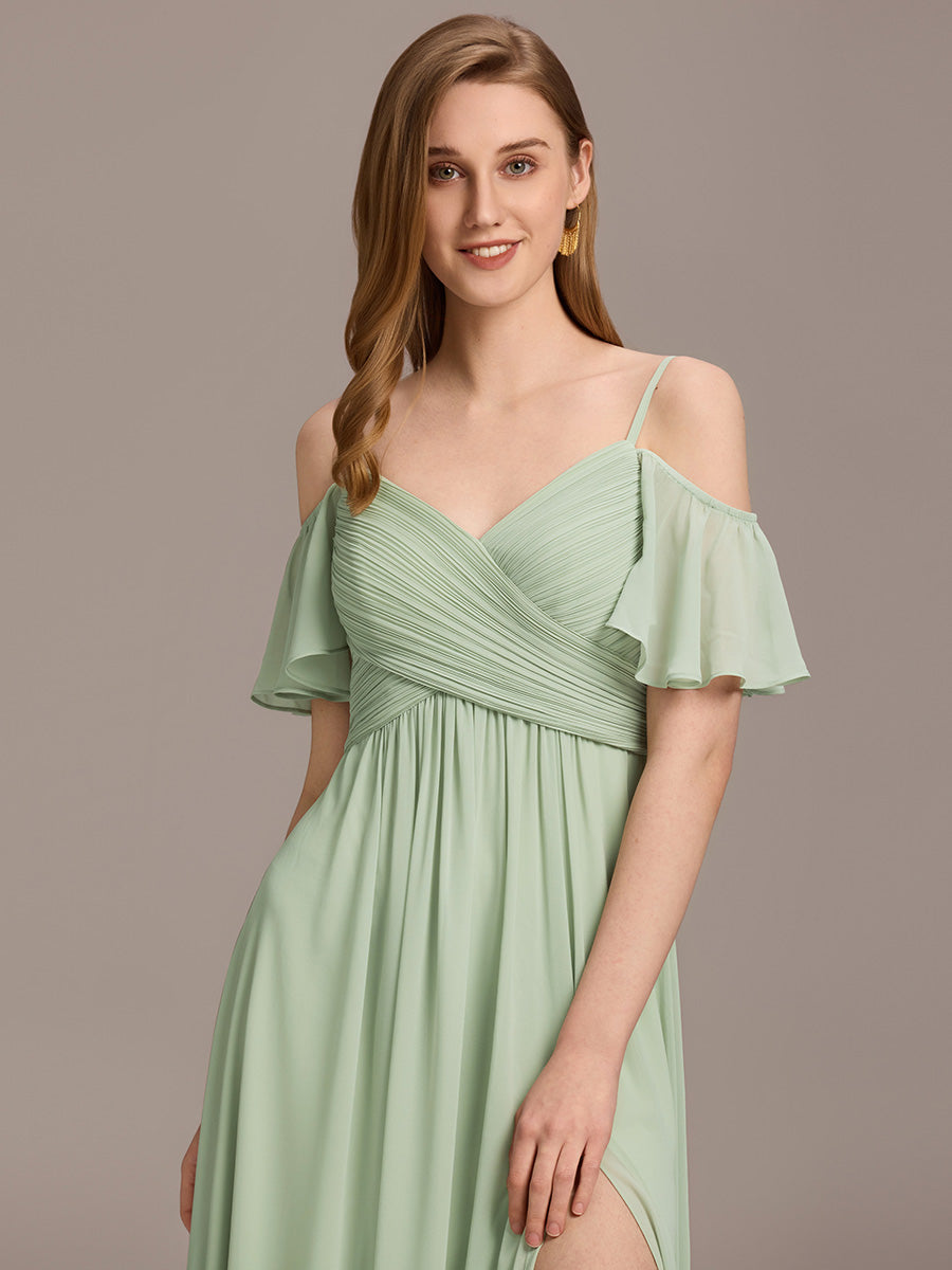Off Shoulder Short Sleeve Pleated A-Line Bridesmaid Dress with Side Split – Floor Length