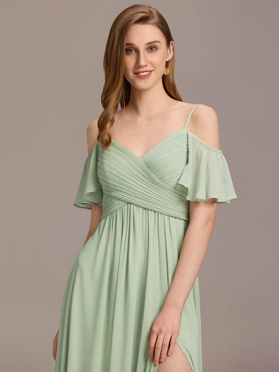 Off Shoulder Short Sleeve Pleated A-Line Bridesmaid Dress with Side Split – Floor Length - Biamonde