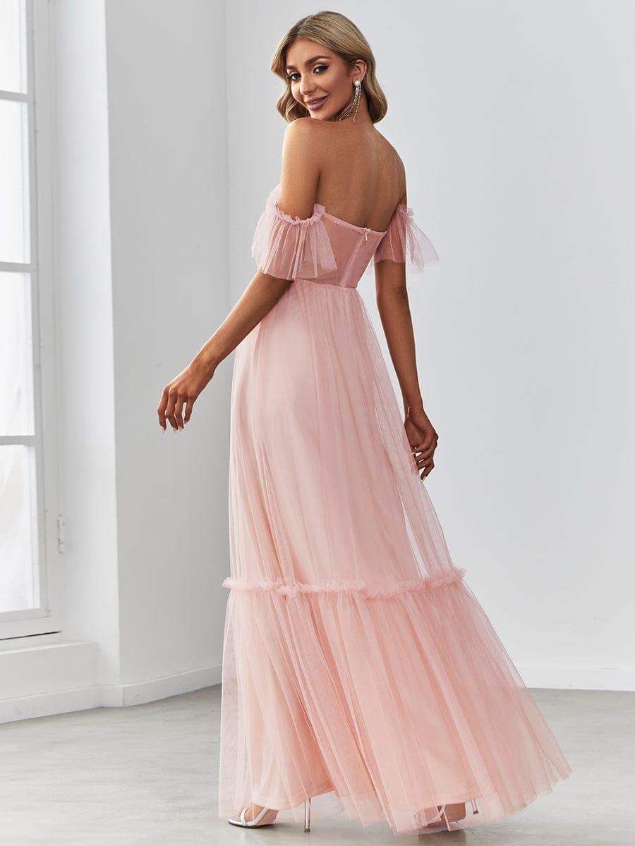 Off the Shoulder Sweetheart Pleated Tulle Dress In Pink