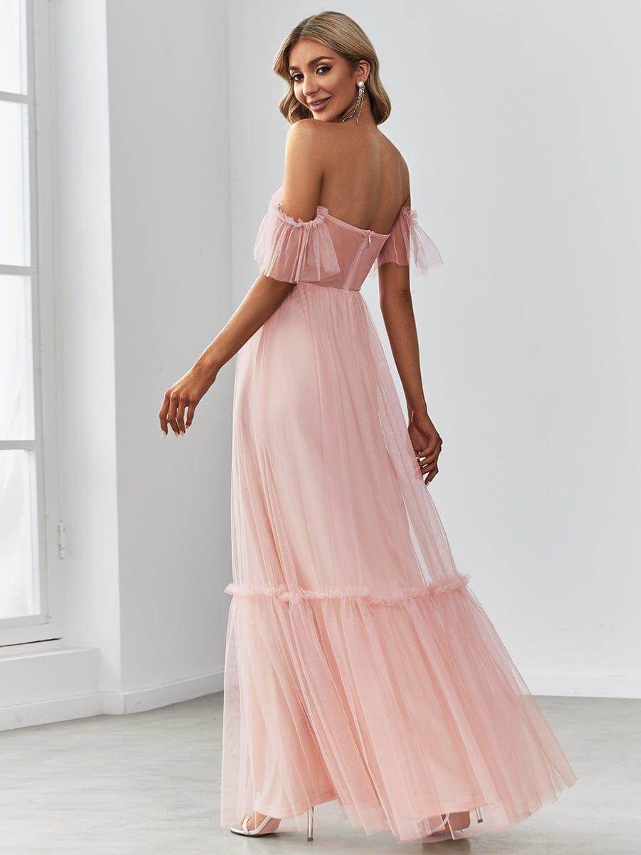 Off the Shoulder Sweetheart Pleated Tulle Dress In Pink - Biamonde