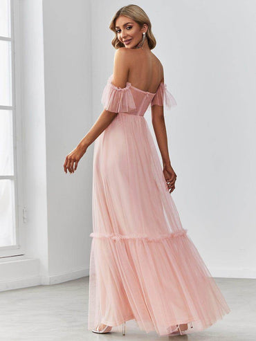 Off the Shoulder Sweetheart Pleated Tulle Dress In Pink - Biamonde