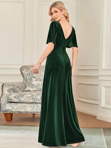 Sexy V Neck Maxi Long Velvet Evening Dark Green Dress - Biamonde