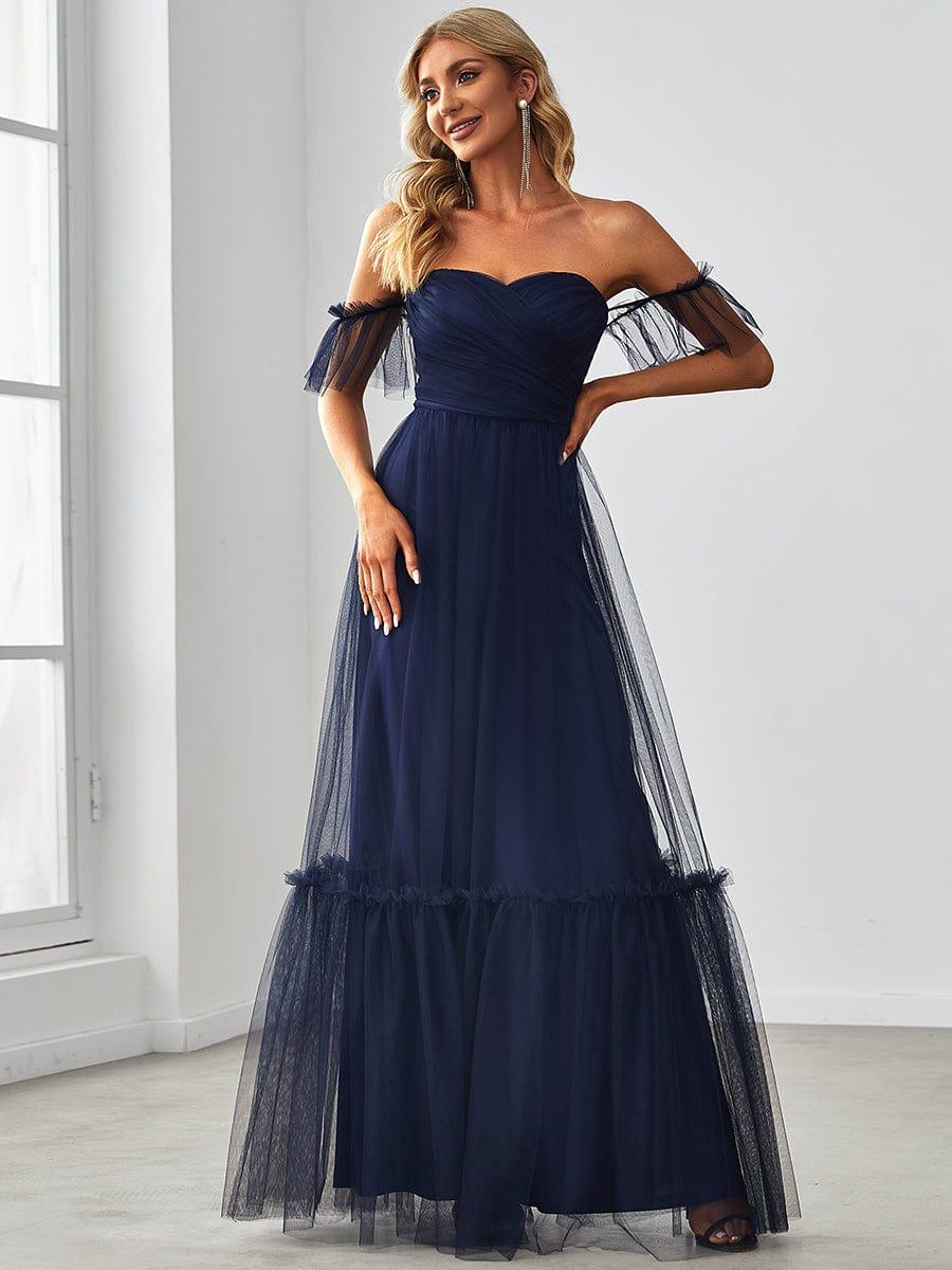Off the Shoulder Sweetheart Pleated Tulle Dress In Pink