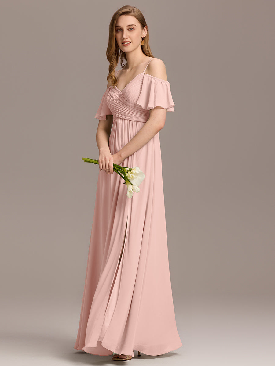 Off Shoulder Short Sleeve Pleated A-Line Bridesmaid Dress with Side Split – Floor Length
