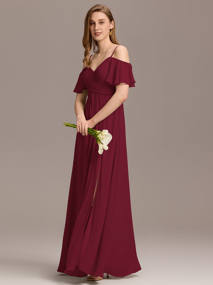 Off Shoulder Short Sleeve Pleated A-Line Bridesmaid Dress with Side Split – Floor Length