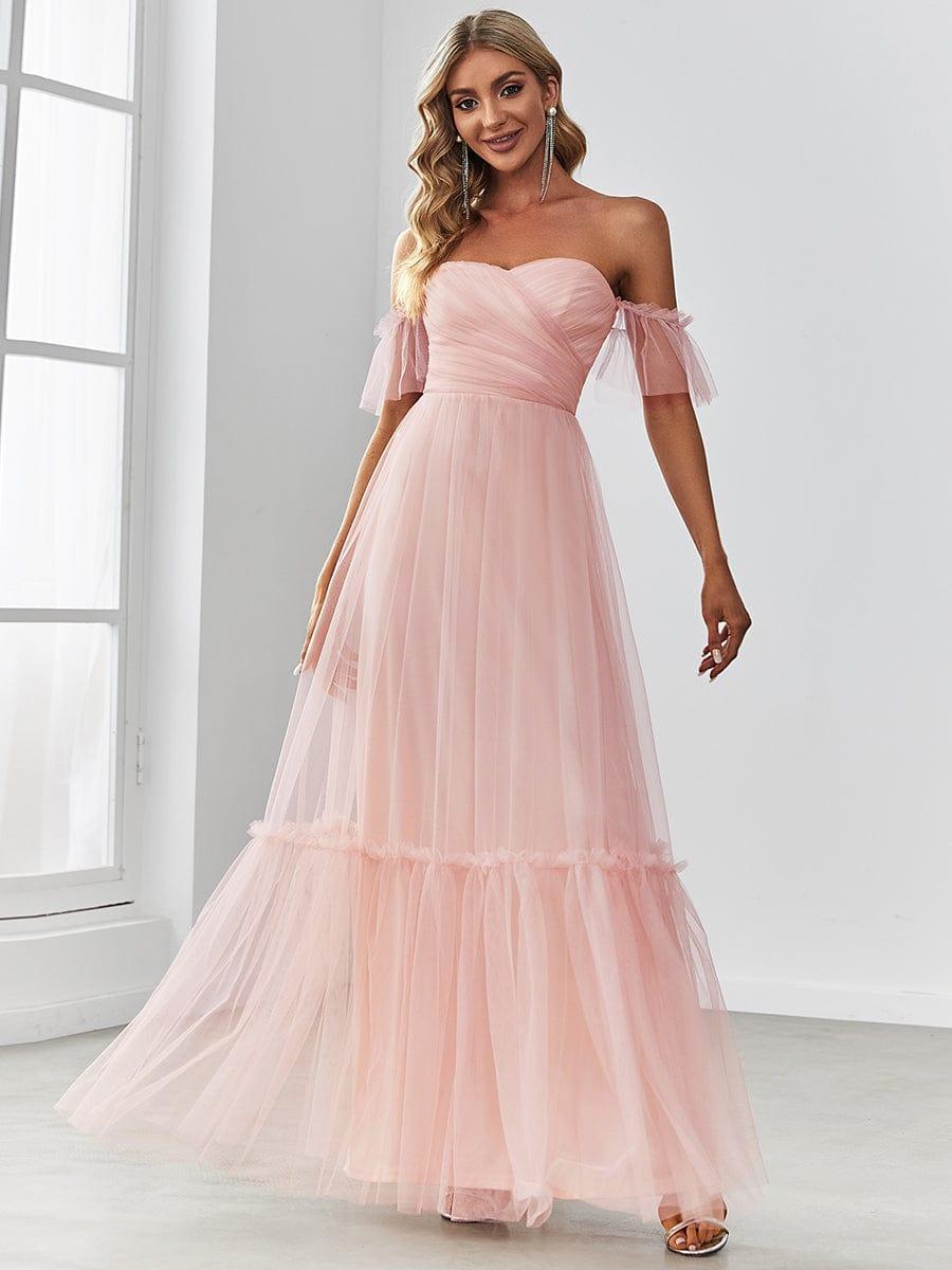 Off the Shoulder Sweetheart Pleated Tulle Dress In Pink