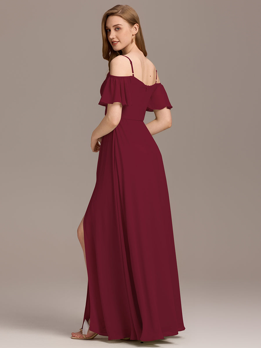 Off Shoulder Short Sleeve Pleated A-Line Bridesmaid Dress with Side Split – Floor Length