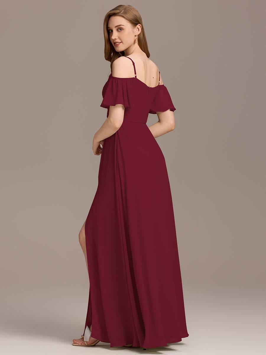 Off Shoulder Short Sleeve Pleated A-Line Bridesmaid Dress with Side Split – Floor Length - Biamonde