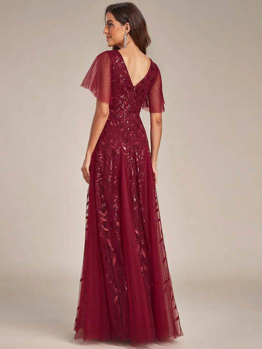 Romantic Shimmery V-Neck Evening Gown with Ruffle Sleeves – Maxi Long Dress - Biamonde