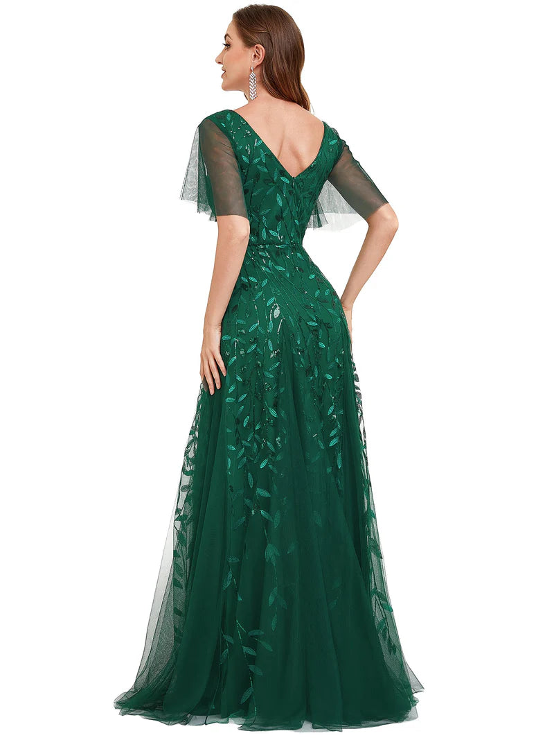 Romantic shimmery evening gown with V-neckline, ruffle sleeves, and floor-length maxi silhouette dark green dress