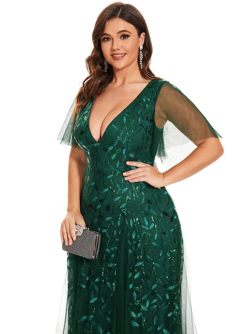 Romantic Shimmery V-Neck Evening Gown with Ruffle Sleeves – Maxi Long Dress - Biamonde