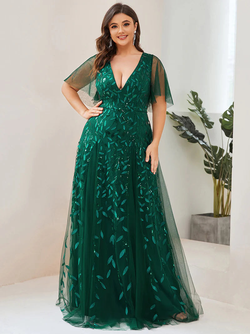 Romantic Shimmery V-Neck Evening Gown with Ruffle Sleeves – Maxi Long Dress