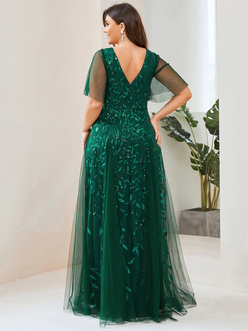 Romantic shimmery evening gown with V-neckline, ruffle sleeves, and floor-length maxi silhouette dark green dress