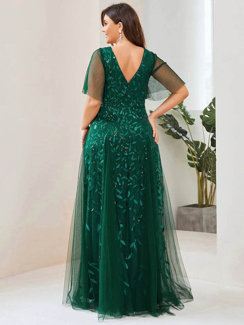 Romantic Shimmery V-Neck Evening Gown with Ruffle Sleeves – Maxi Long Dress - Biamonde