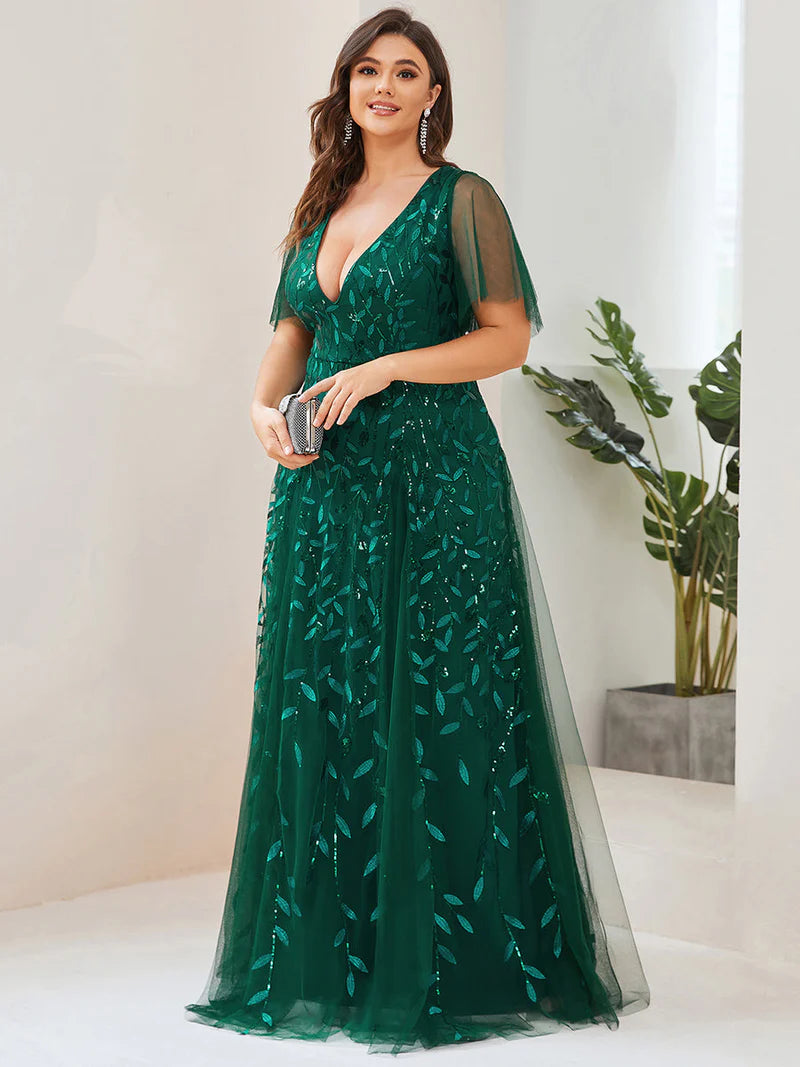 Romantic shimmery evening gown with V-neckline, ruffle sleeves, and floor-length maxi silhouette dark green dress