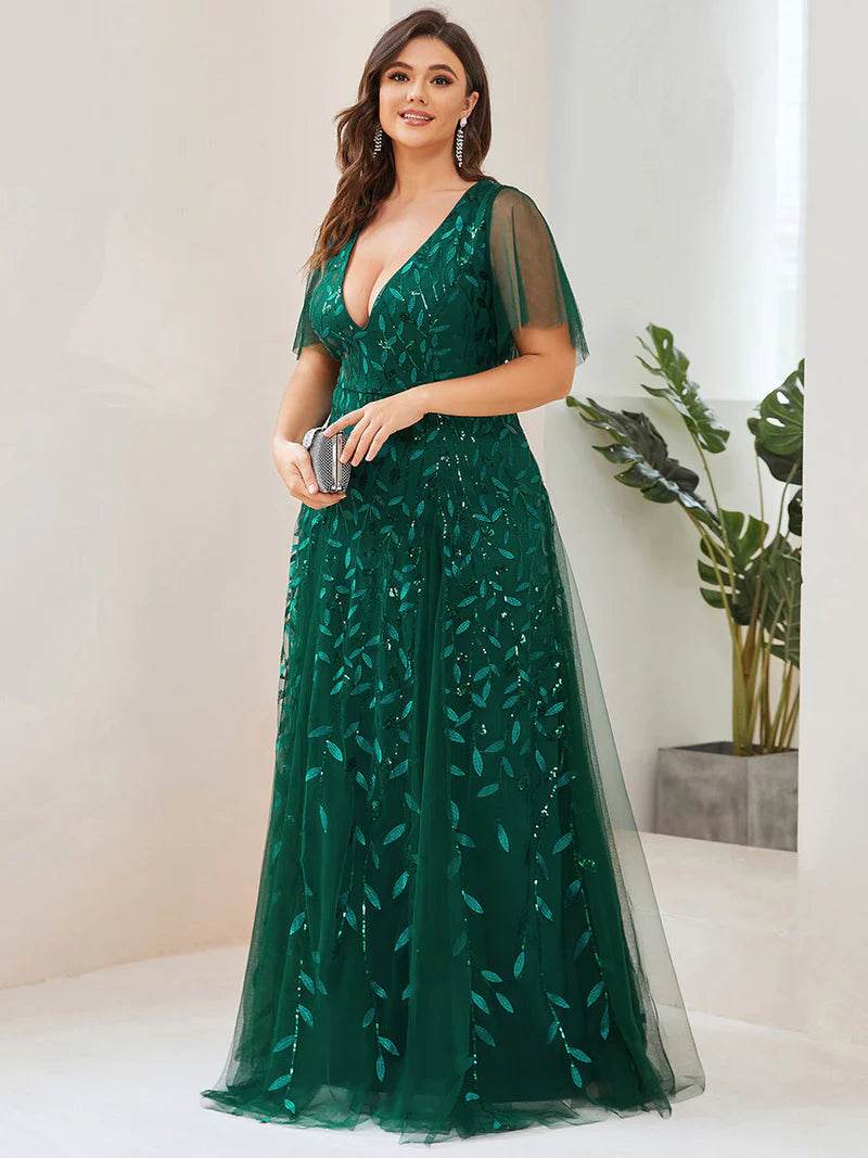 Romantic Shimmery V-Neck Evening Gown with Ruffle Sleeves – Maxi Long Dress - Biamonde