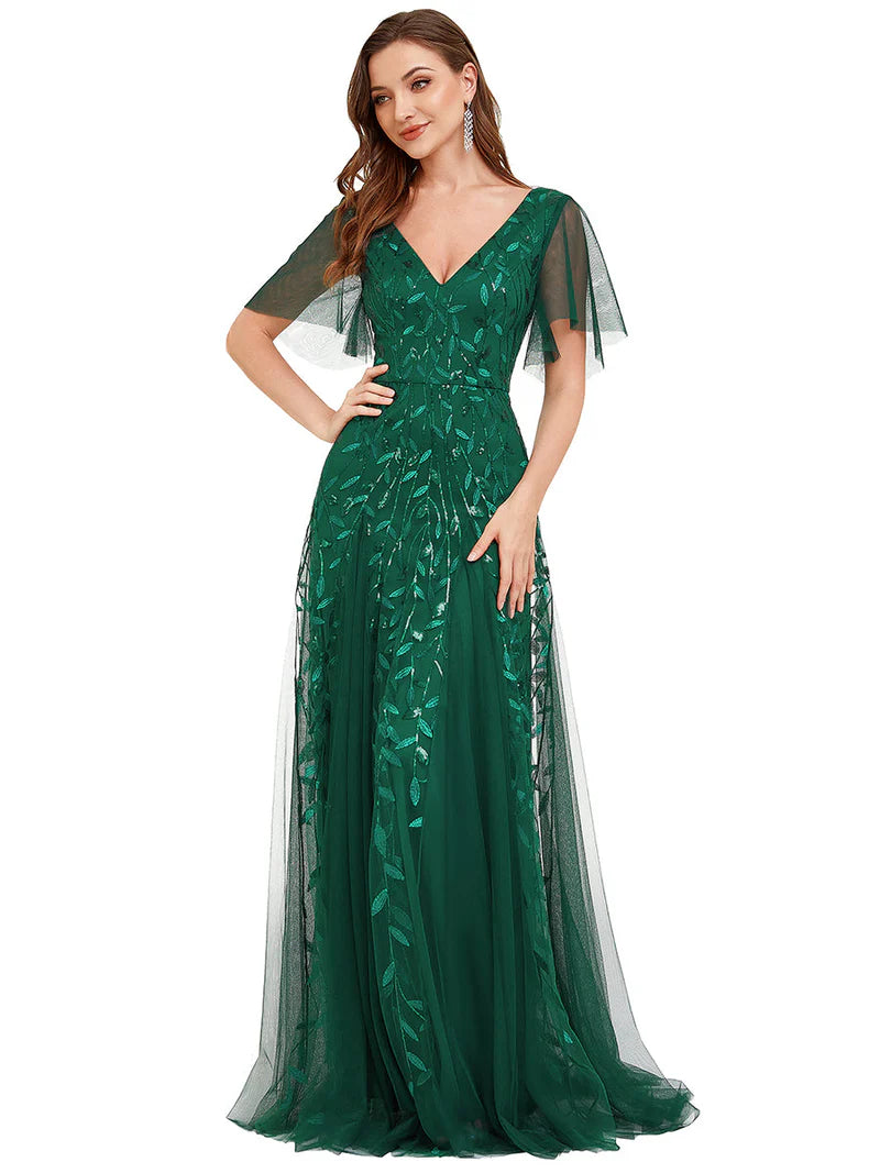 Romantic shimmery evening gown with V-neckline, ruffle sleeves, and floor-length maxi silhouette dark green dress