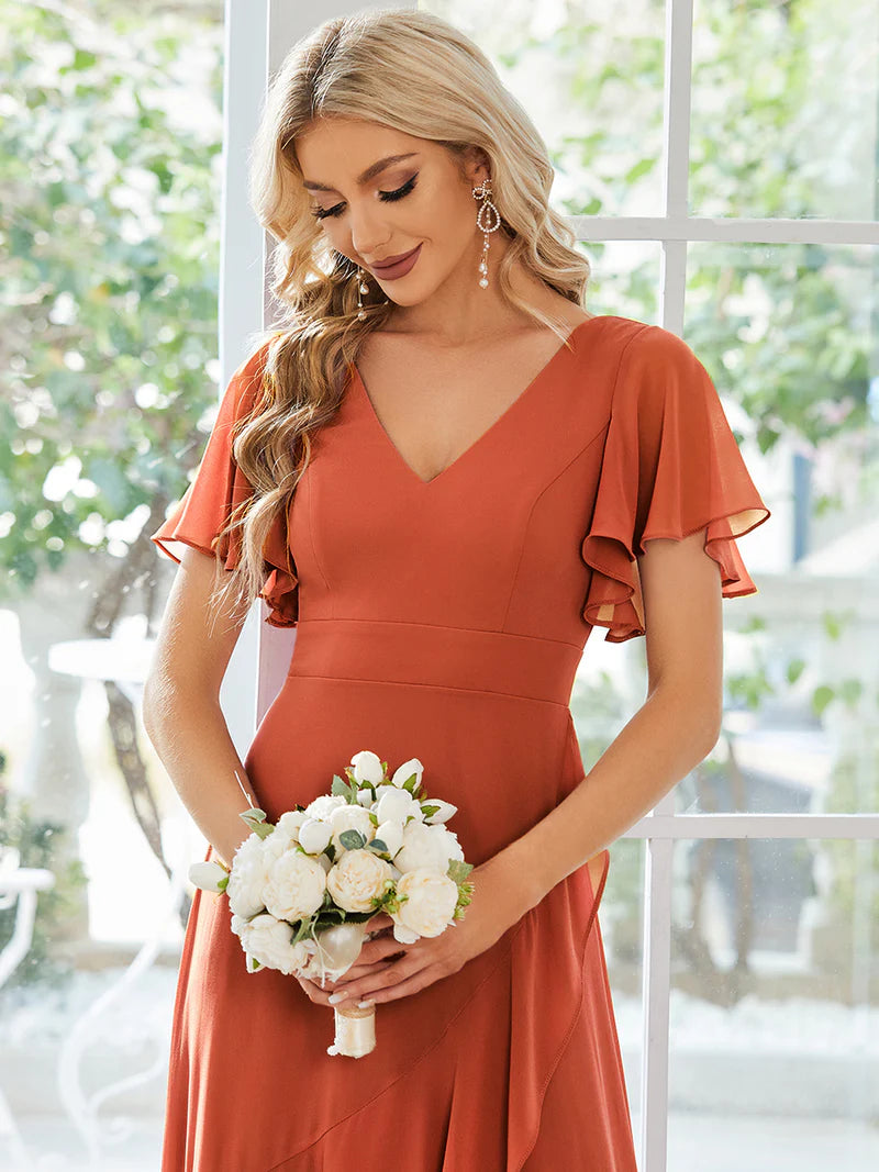 Elegant Burnt Orange chiffon high-low gown for bridesmaids featuring V-neck and soft ruffles