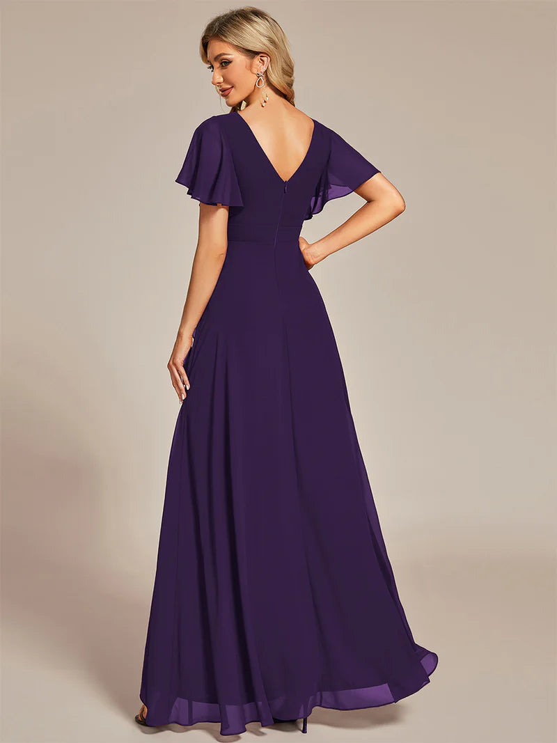Elegant dark purple chiffon high-low gown for bridesmaids featuring V-neck and soft ruffles