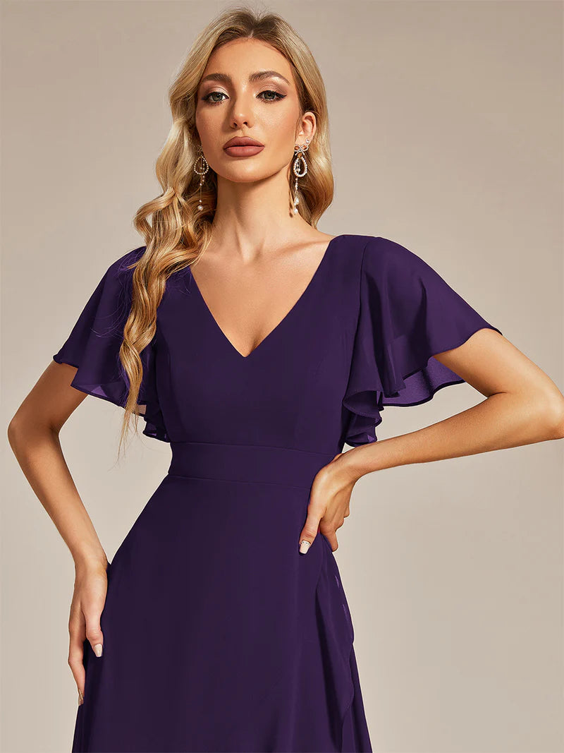 Elegant dark purple chiffon high-low gown for bridesmaids featuring V-neck and soft ruffles