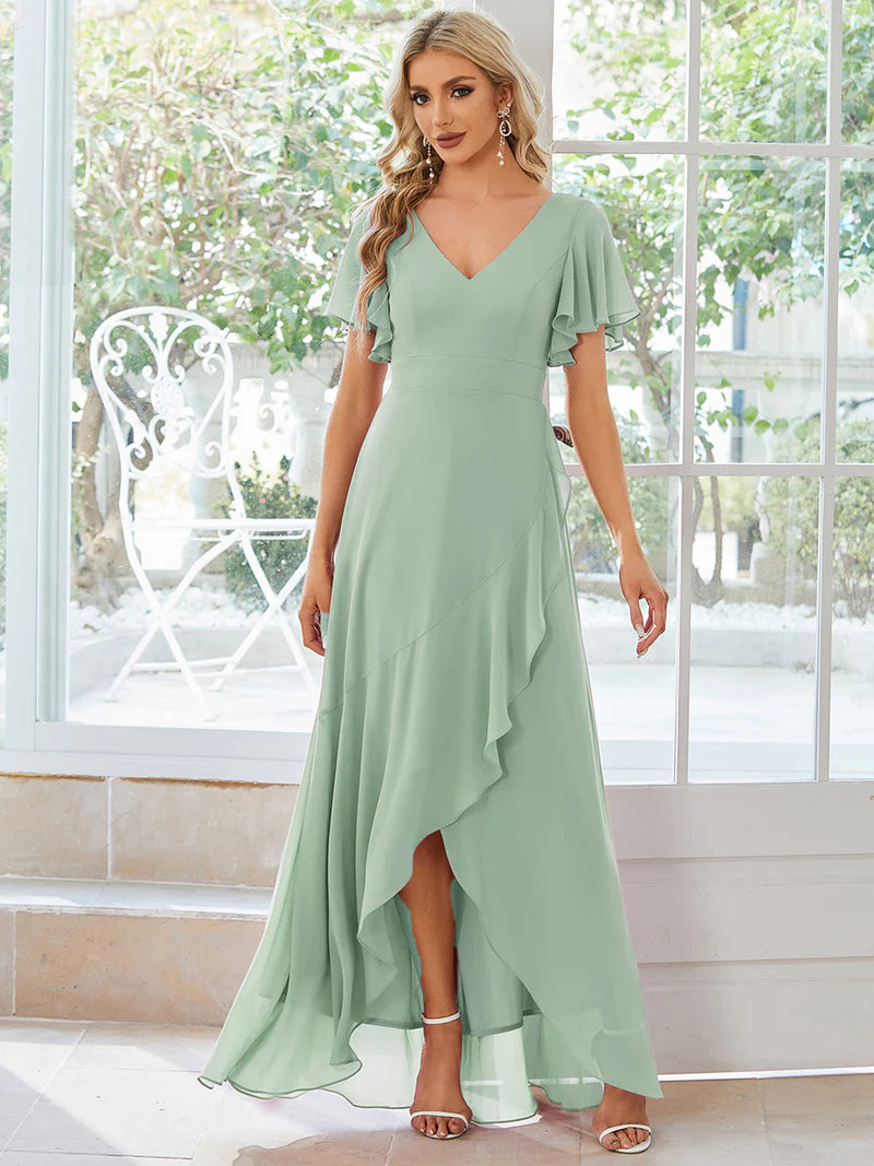 Elegant mint green chiffon high-low gown for bridesmaids featuring V-neck and soft ruffles