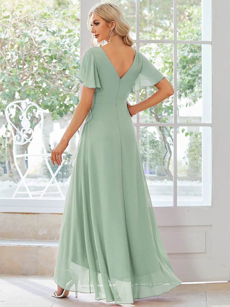 V-Neck High-Low Bridesmaid Dress – Ruffled Chiffon Gown - Biamonde