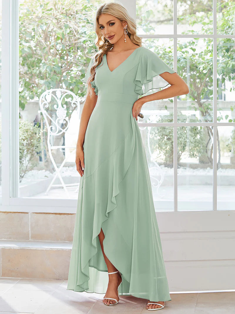 Elegant mint green chiffon high-low gown for bridesmaids featuring V-neck and soft ruffles