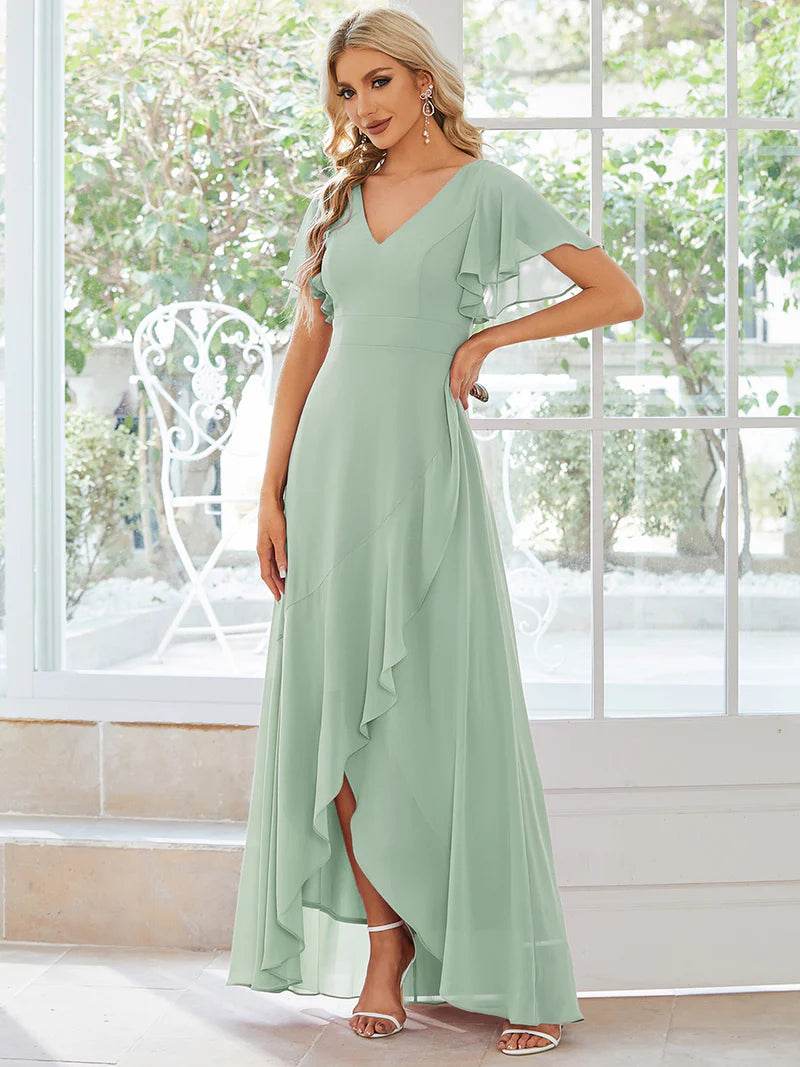 V-Neck High-Low Bridesmaid Dress – Ruffled Chiffon Gown - Biamonde